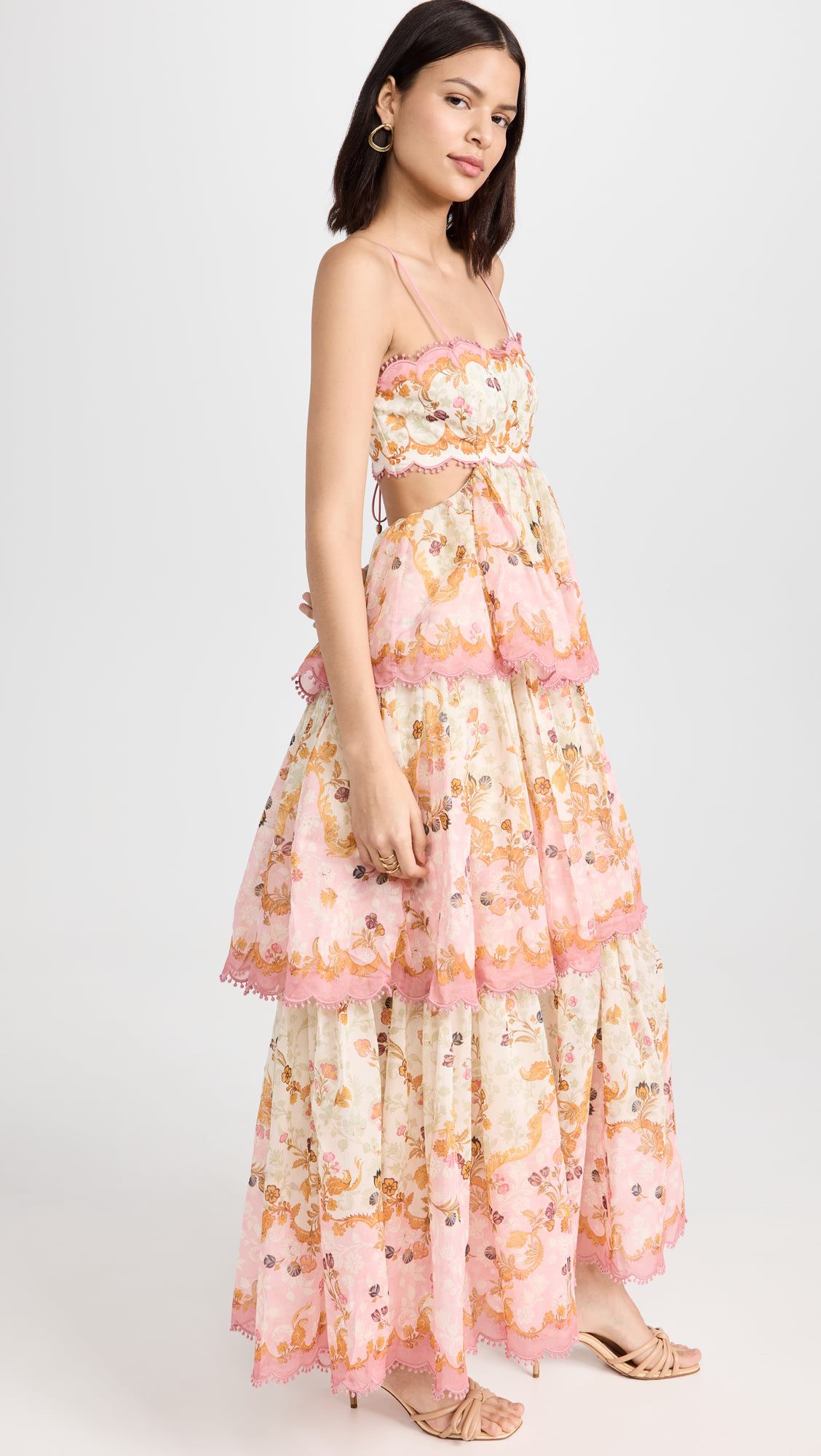 Elegant floral Printing backless frilly halter cake maxi dress