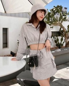 OEM turn-down collar crop top elastic waist mini dress simple set