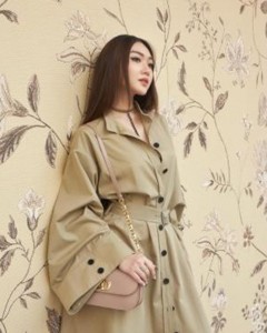 Custom button loose belt waist elegant casual khaki coat X