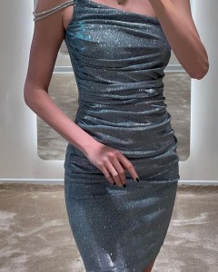 Custom asymmetric shoulder ruched party bodycon mini dress