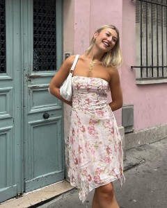 Women custom strapless floral ruffle knee-length dress