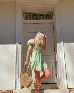OEM green puff sleeve ruffle sweet  backless mini dress X