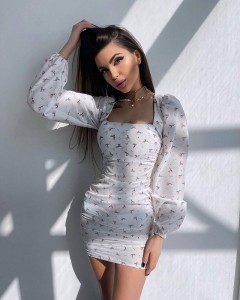 Factory made square collar floral print ruched bodycon mini dress