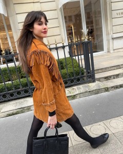 Lady custom turn-down collar tassel waist tie brown casual coat X