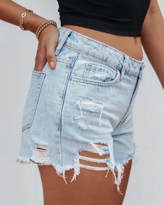 ODM tassel hems skinny light blue denim shorts
