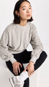 Factory made Gray pleated high waist round neck casual solid color top