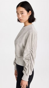 Factory made Gray pleated high waist round neck casual solid color top