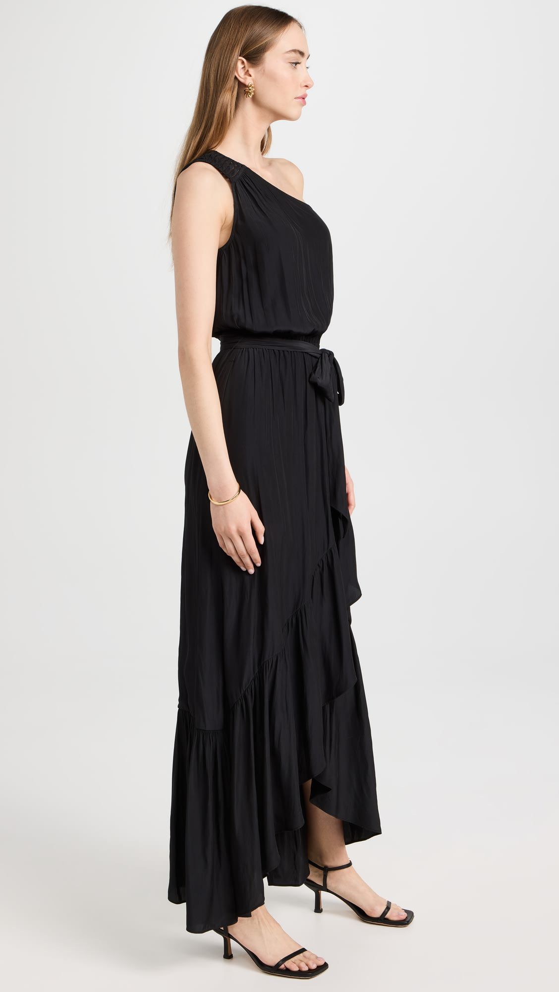 Factory made Asymmetrically pleated elegant black maxi dress