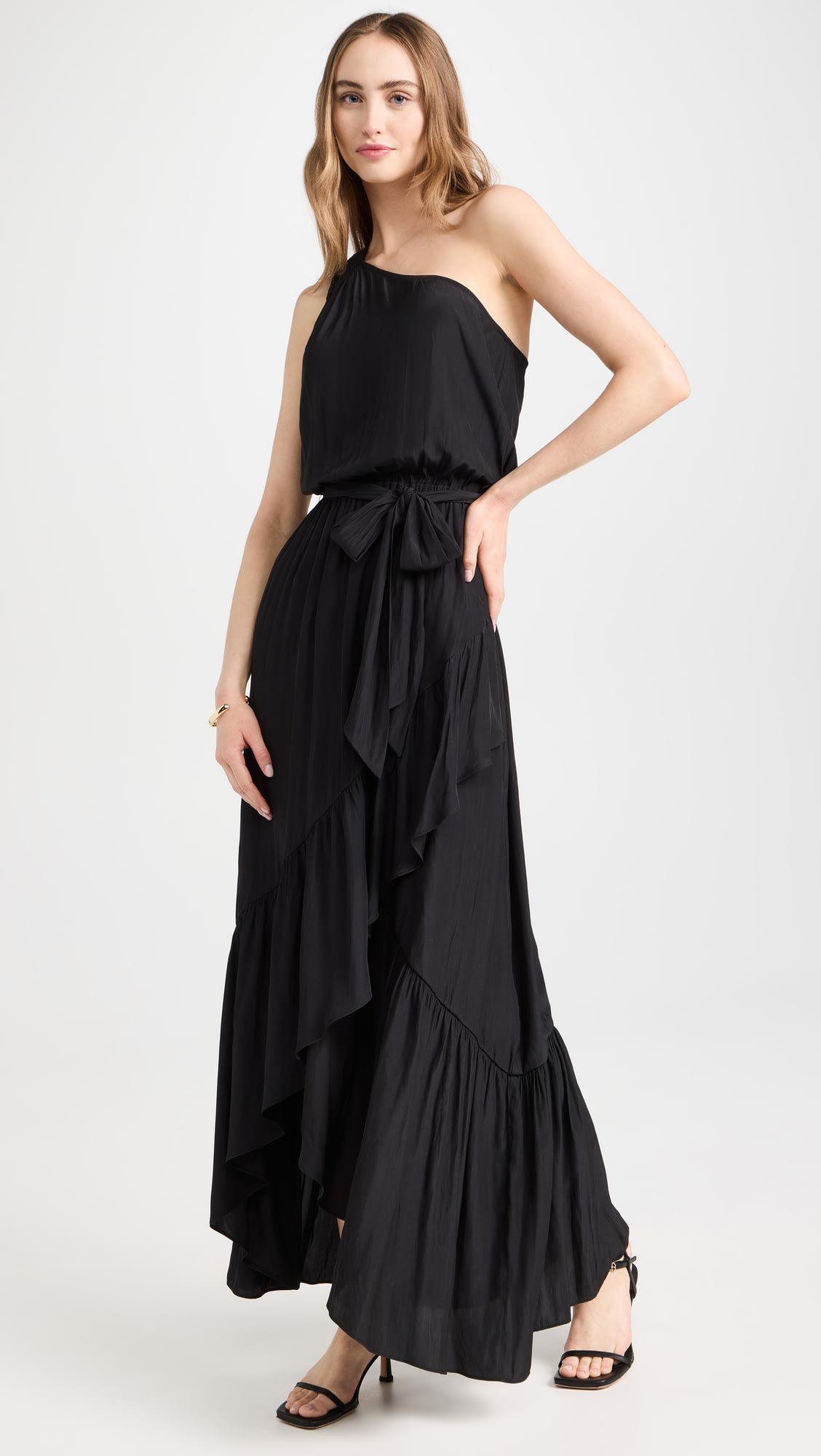 Factory made Asymmetrically pleated elegant black maxi dress