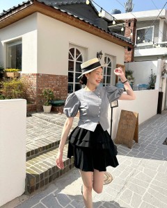 Chinese Manufacturer Puff Sleeve Top 2 Piece Pleated Skirt Sets