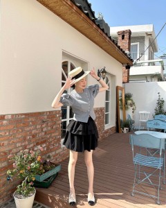 Chinese Manufacturer Puff Sleeve Top 2 Piece Pleated Skirt Sets