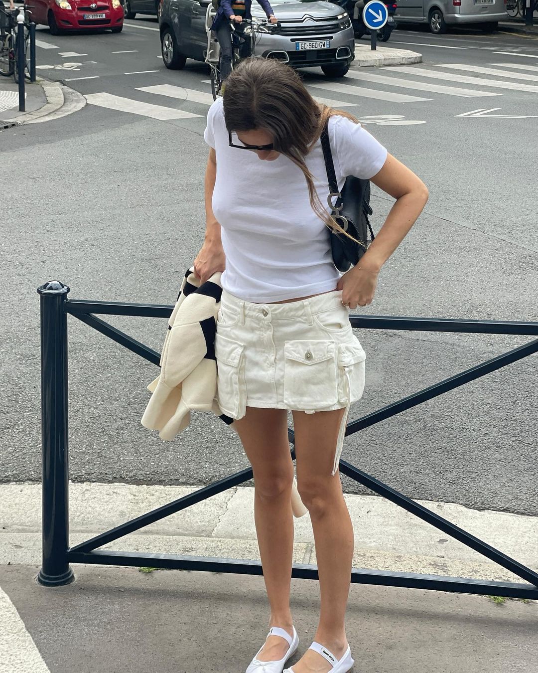 Denim hot girl large pockets white mini skirt  