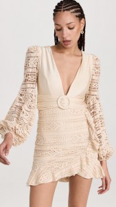 Long sleeves crochet hollow deep v-neck mini dress