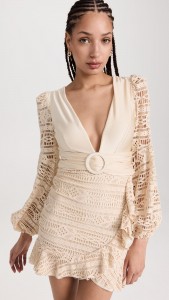 Long sleeves crochet hollow deep v-neck mini dress