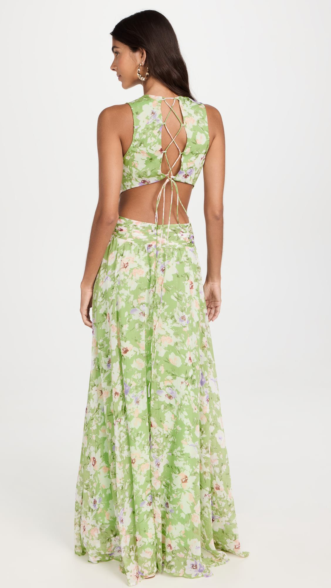 Floral deep v waist backless cutout elegant maxi dress