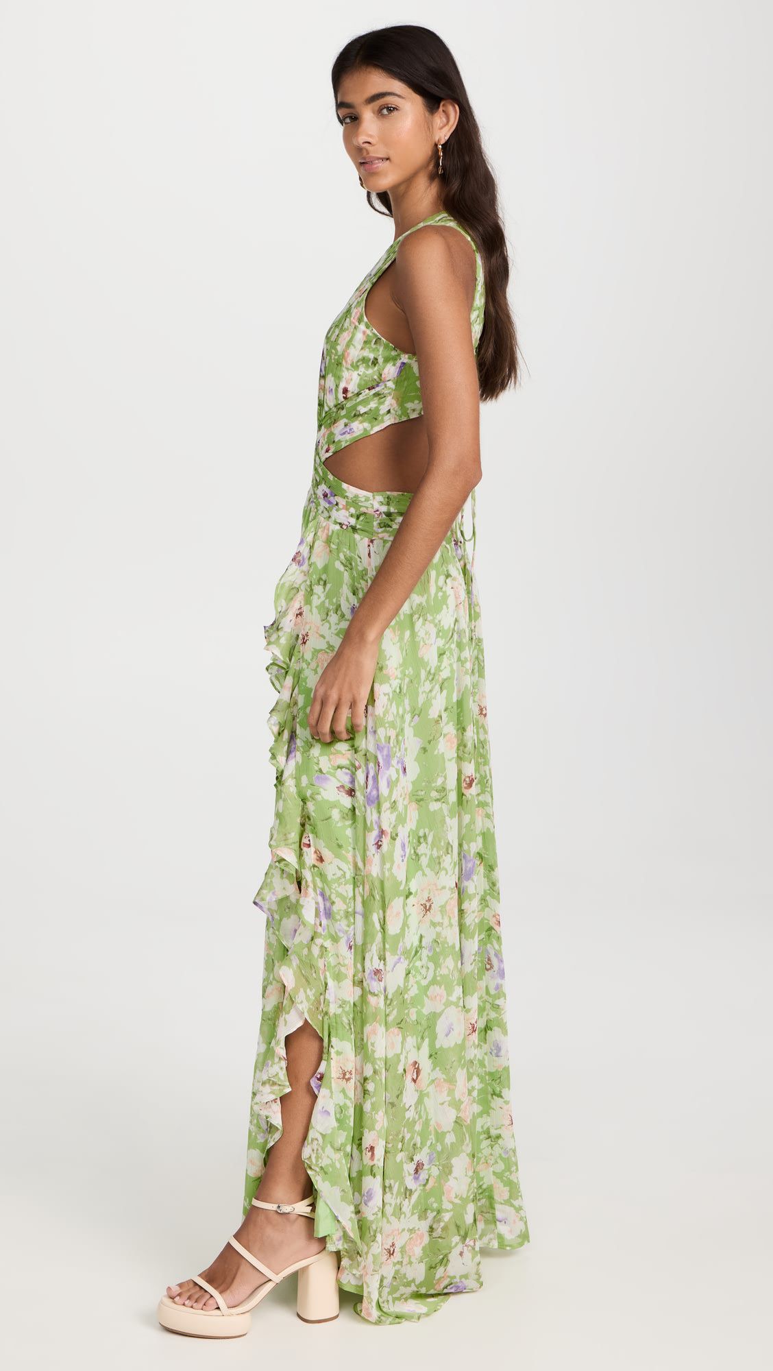 Floral deep v waist backless cutout elegant maxi dress