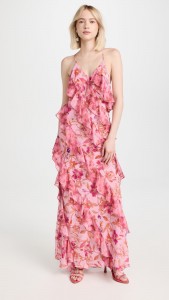 Floral pink V-neck backless spaghetti strap cross-back maxi dress