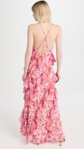 Floral pink V-neck backless spaghetti strap cross-back maxi dress