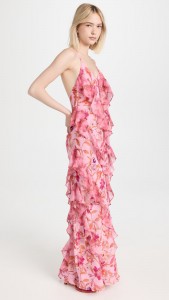 Floral pink V-neck backless spaghetti strap cross-back maxi dress