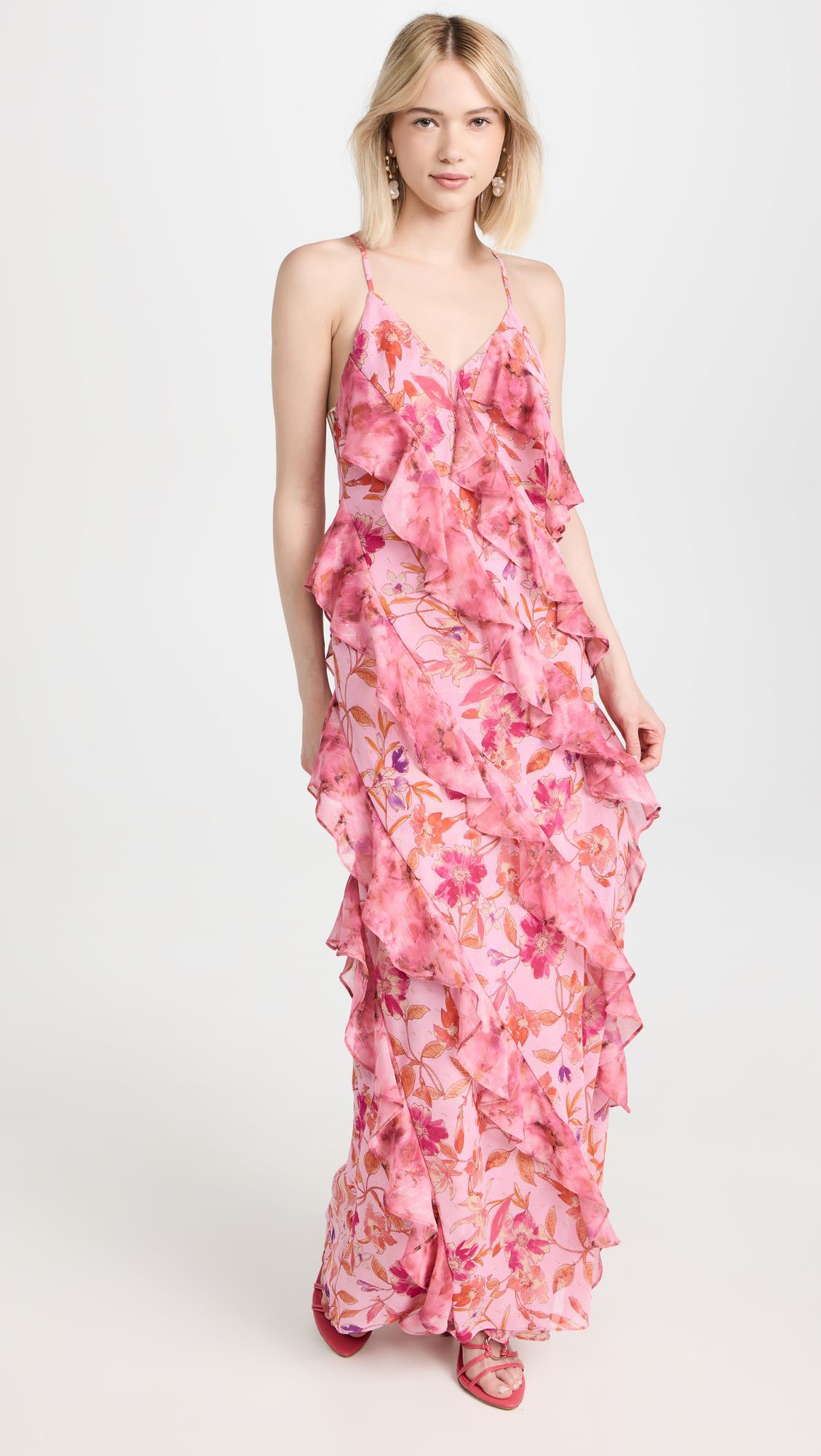 Floral pink V-neck backless spaghetti strap cross-back maxi dress