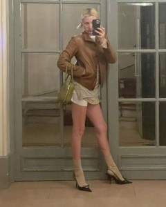 Brown leather short button lapel coat jacket