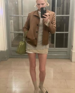Brown leather short button lapel coat jacket