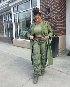 Custom army green leather pocket long coat
