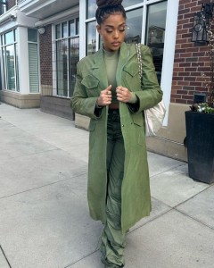 Custom army green leather pocket long coat