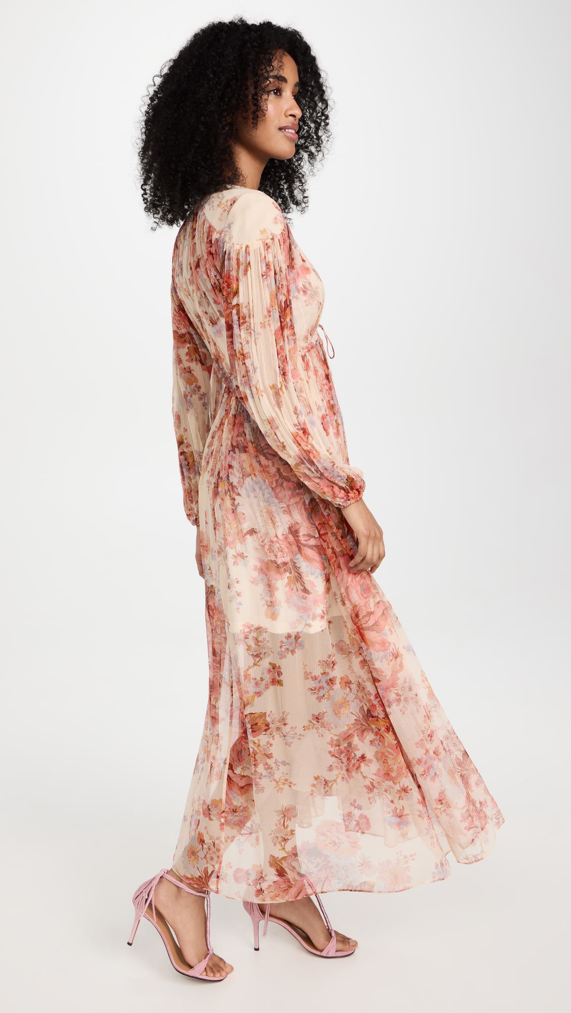 Stylish elegant floral print V-neck lantern sleeves midi dress默曼