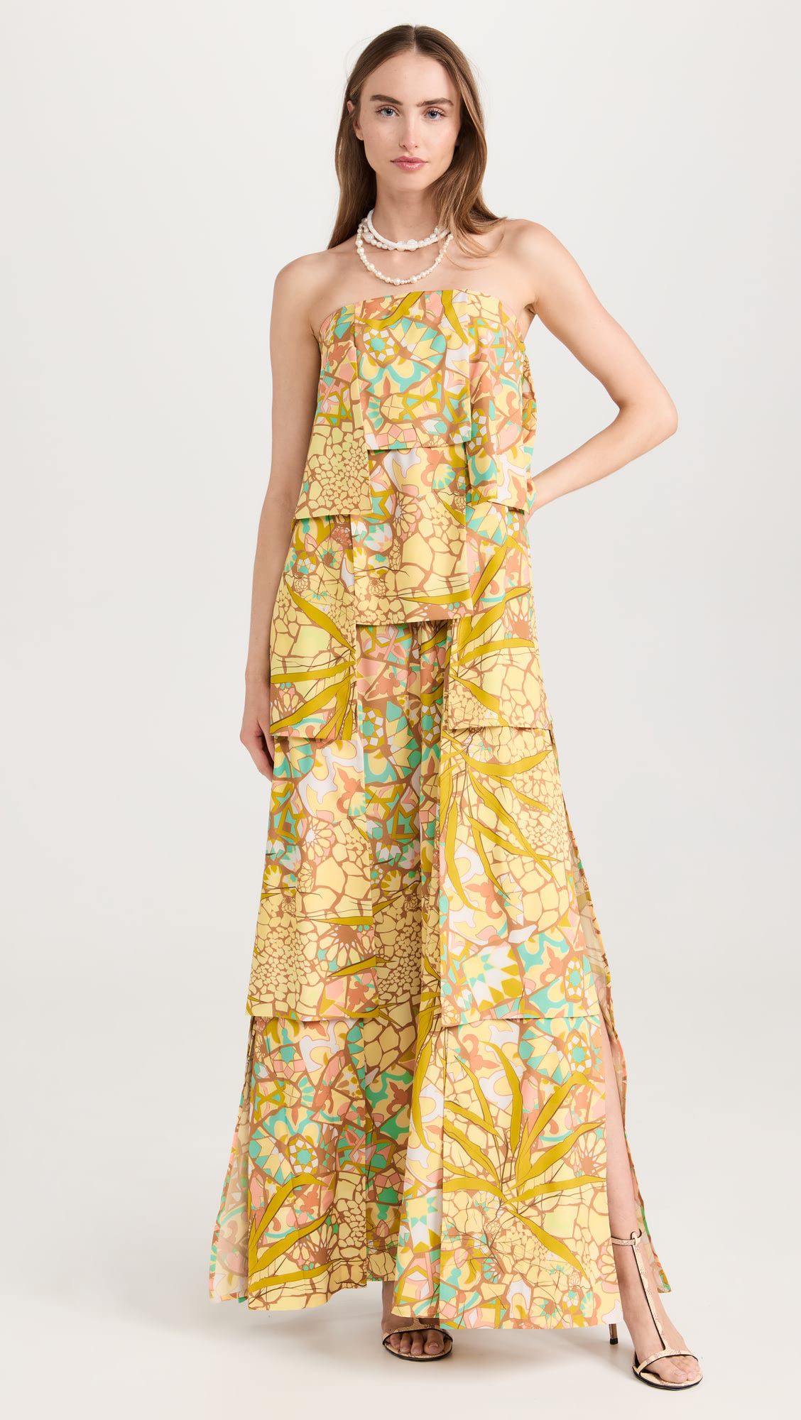 OEM Elegant tiered floral print strapless maxi dress