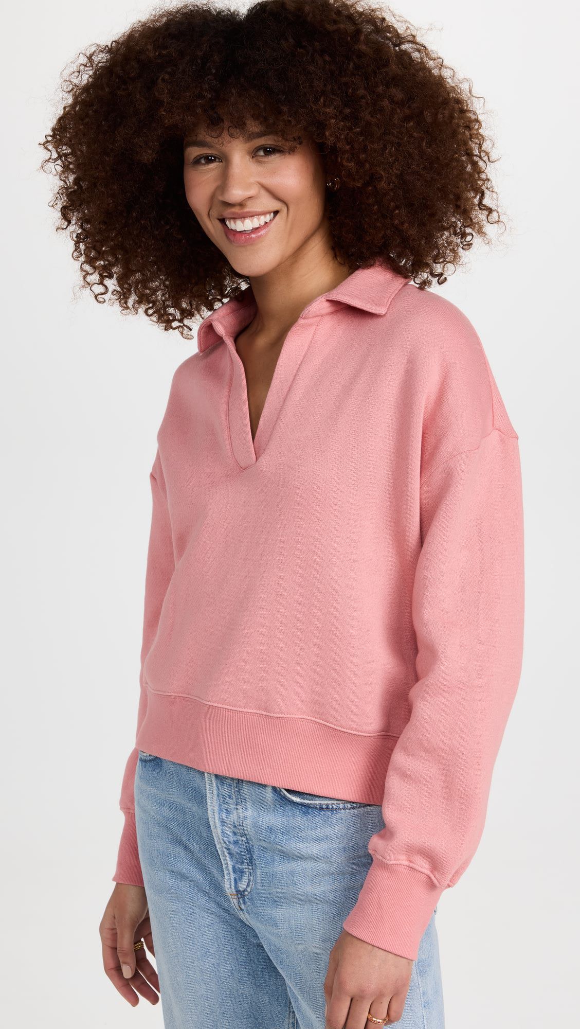 Made in china Pink V-neck loose casual polo neck top