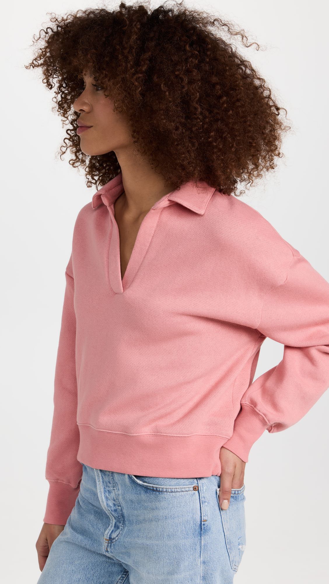 Made in china Pink V-neck loose casual polo neck top