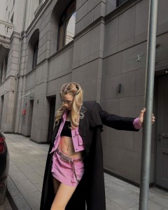 Irregular large pocket zipper design pink denim coat mini skirt suit