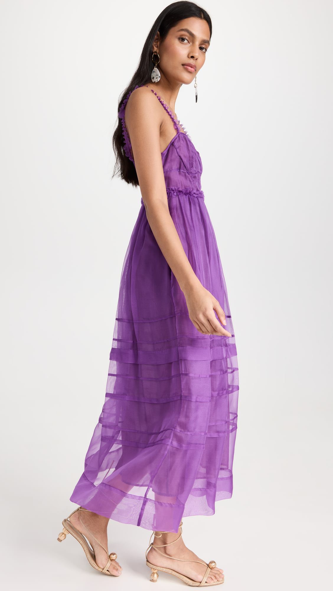 Purple mesh spaghetti strap elegant midi dress