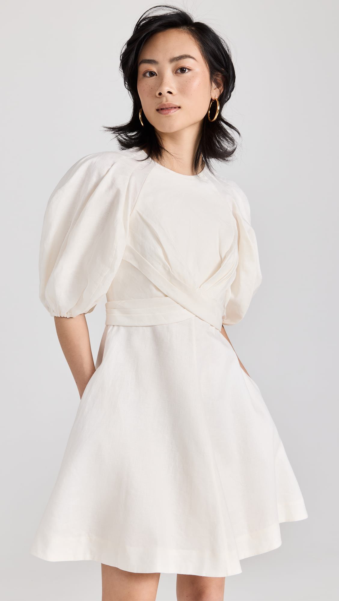 ODM High-waisted linen cross puffed sleeves mini dress