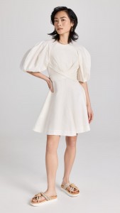 ODM High-waisted linen cross puffed sleeves mini dress