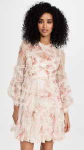Floral style elegant mesh long sleeve ruffle a-line dress