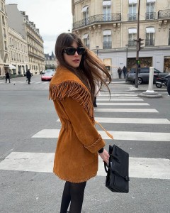 Lady custom turn-down collar tassel waist tie brown casual coat X