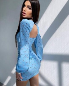Factory made square collar floral print ruched bodycon mini dress