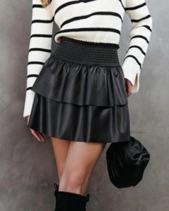 Made in factory PU high elastic waist ruffle black mini skirt