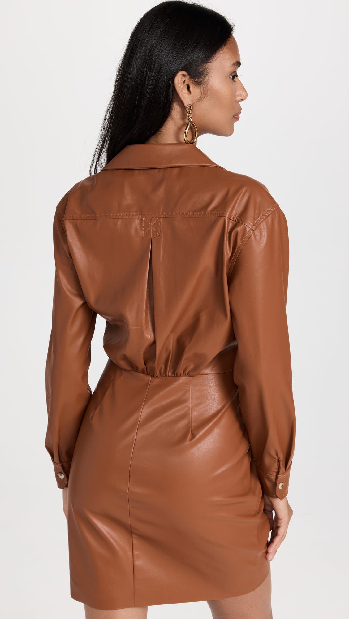 PU Leather Long Sleeve V-neck Pleated Mini Dress