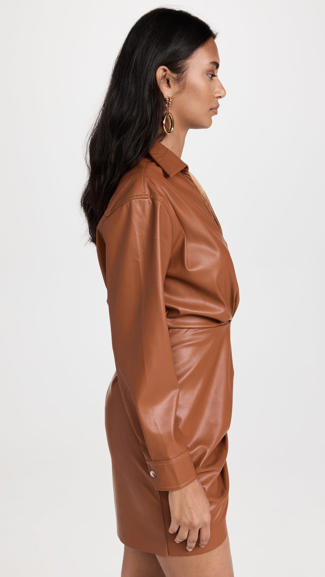 PU Leather Long Sleeve V-neck Pleated Mini Dress