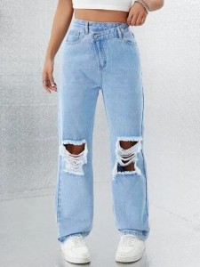 Factory made asymmetrical waist ripped straight jeans