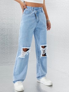 Factory made asymmetrical waist ripped straight jeans