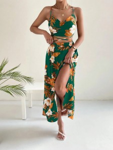 Vacation Style Floral Print Sets Halter Top 2 Piece Split Maxi Skirt Set