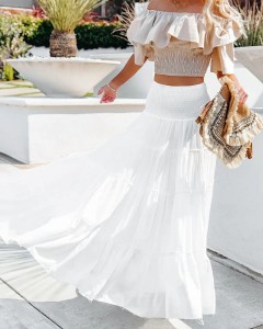 Lady custom casual cotton smocked tiered long maxi skirt