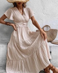 OEM  surplice V-neck shirred ruffle hem high waist dress