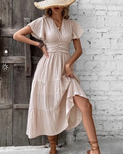 OEM  surplice V-neck shirred ruffle hem high waist dress