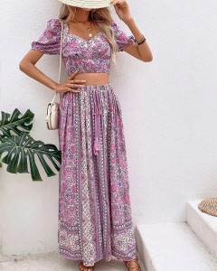 Lady custom floral puff sleeve crop top split skirt set