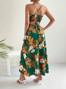 Vacation Style Floral Print Sets Halter Top 2 Piece Split Maxi Skirt Set